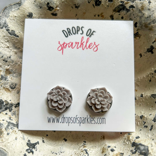 Matte gray succulent 3D flower stud earrings