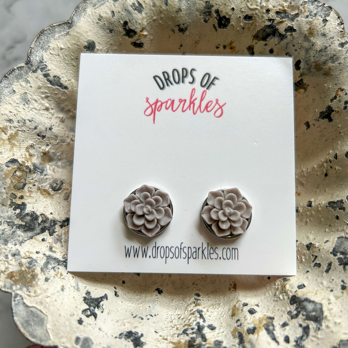 Matte gray succulent 3D flower stud earrings