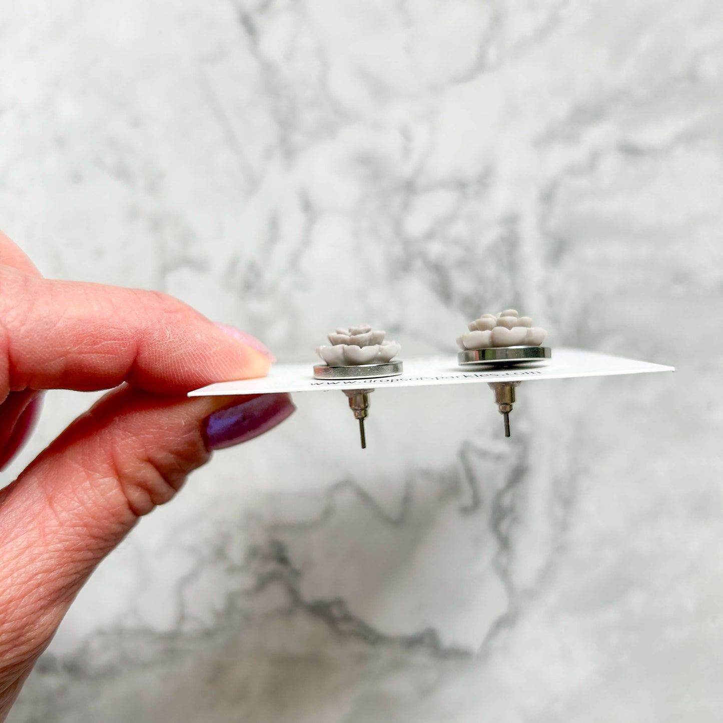 Matte gray succulent 3D flower stud earrings