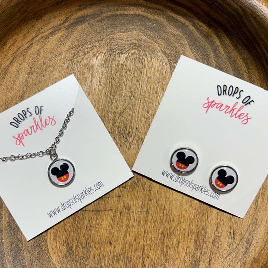 Mickey & Minnie pendant necklace and stud earrings