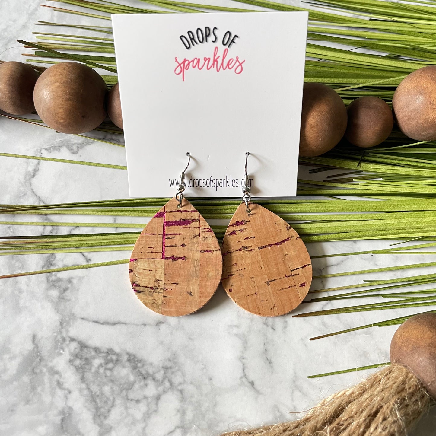 Cork teardrops with hot pink foil dangle earrings