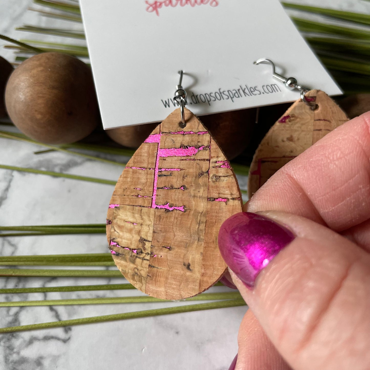Cork teardrops with hot pink foil dangle earrings