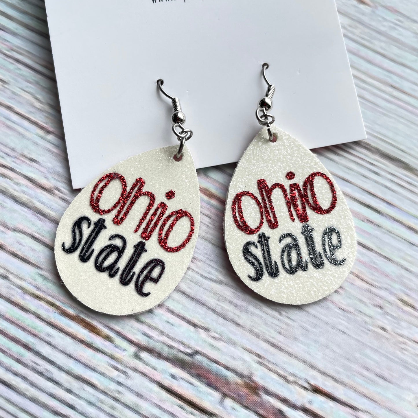 Ohio State striped faux leather dangle earrings