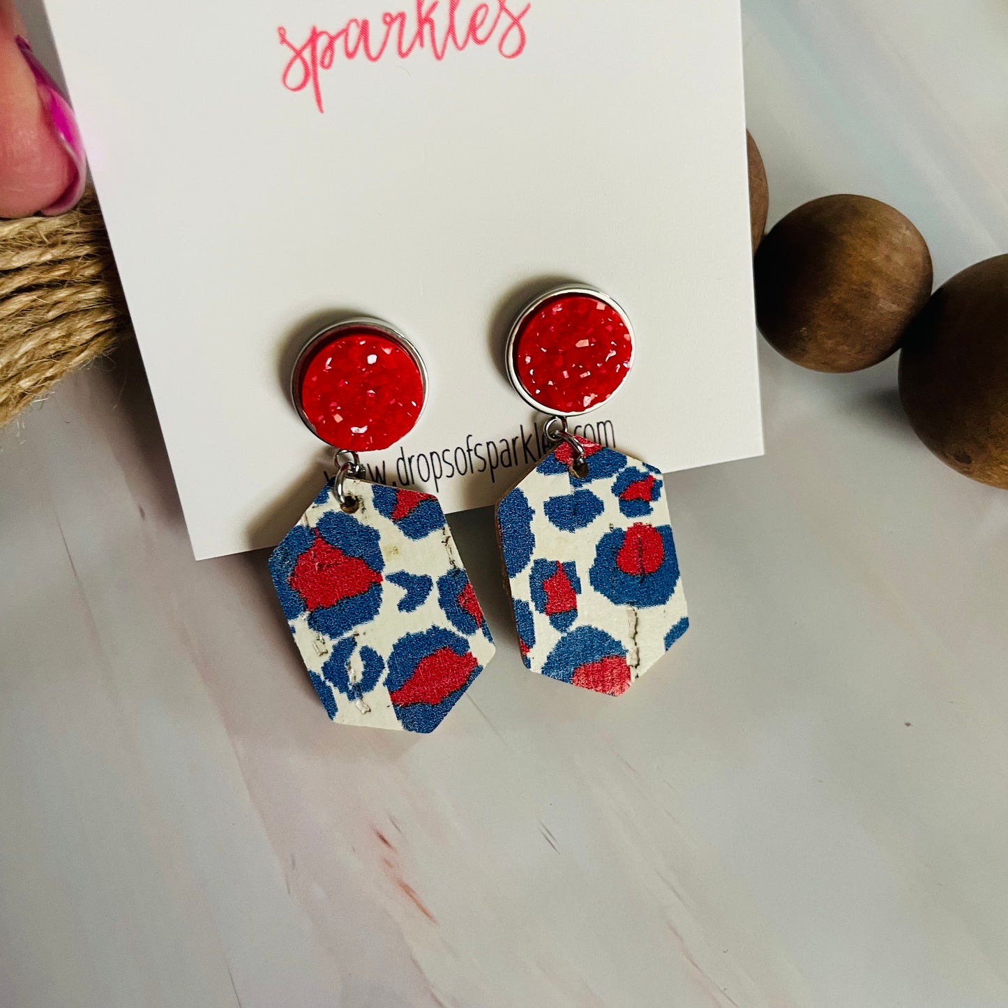 Red, white and blue genuine leather with druzy stud earring