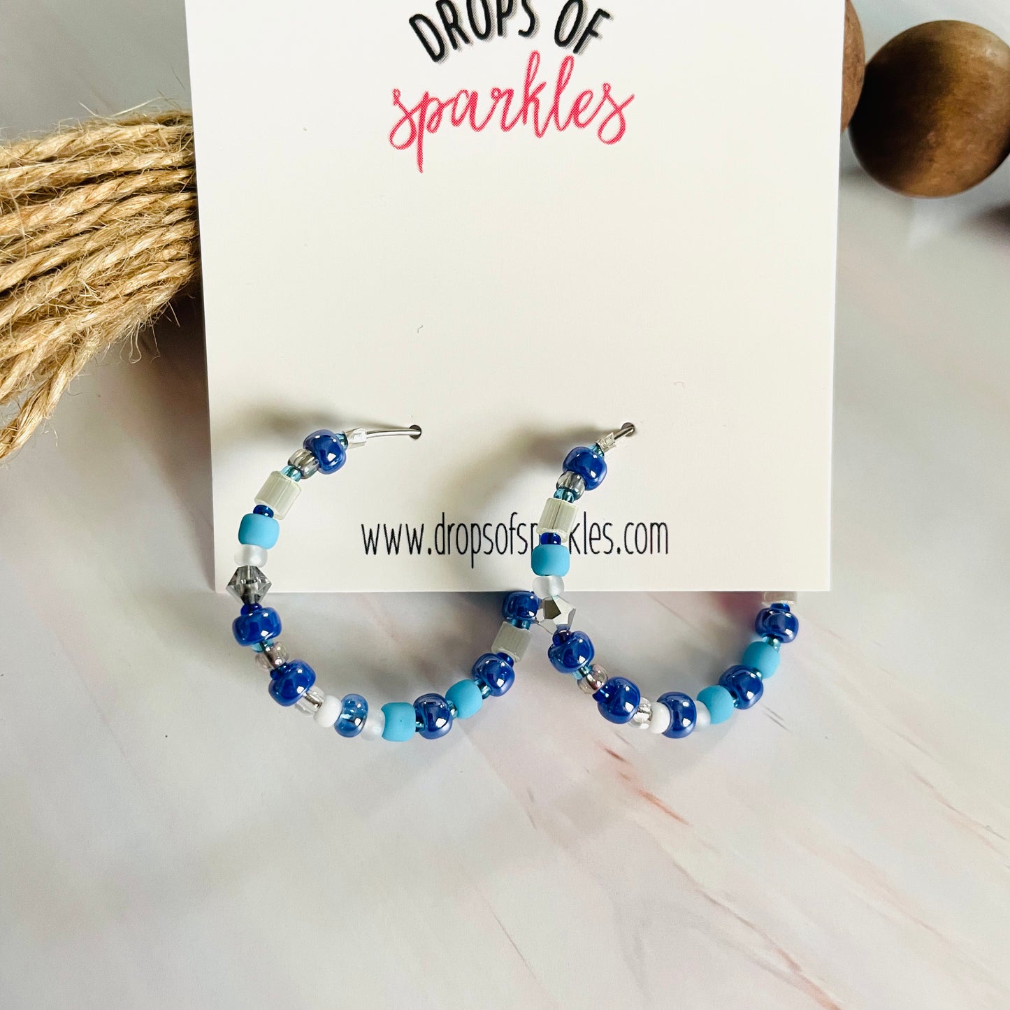 Beaded medium size stainless steel silver hoop earrings