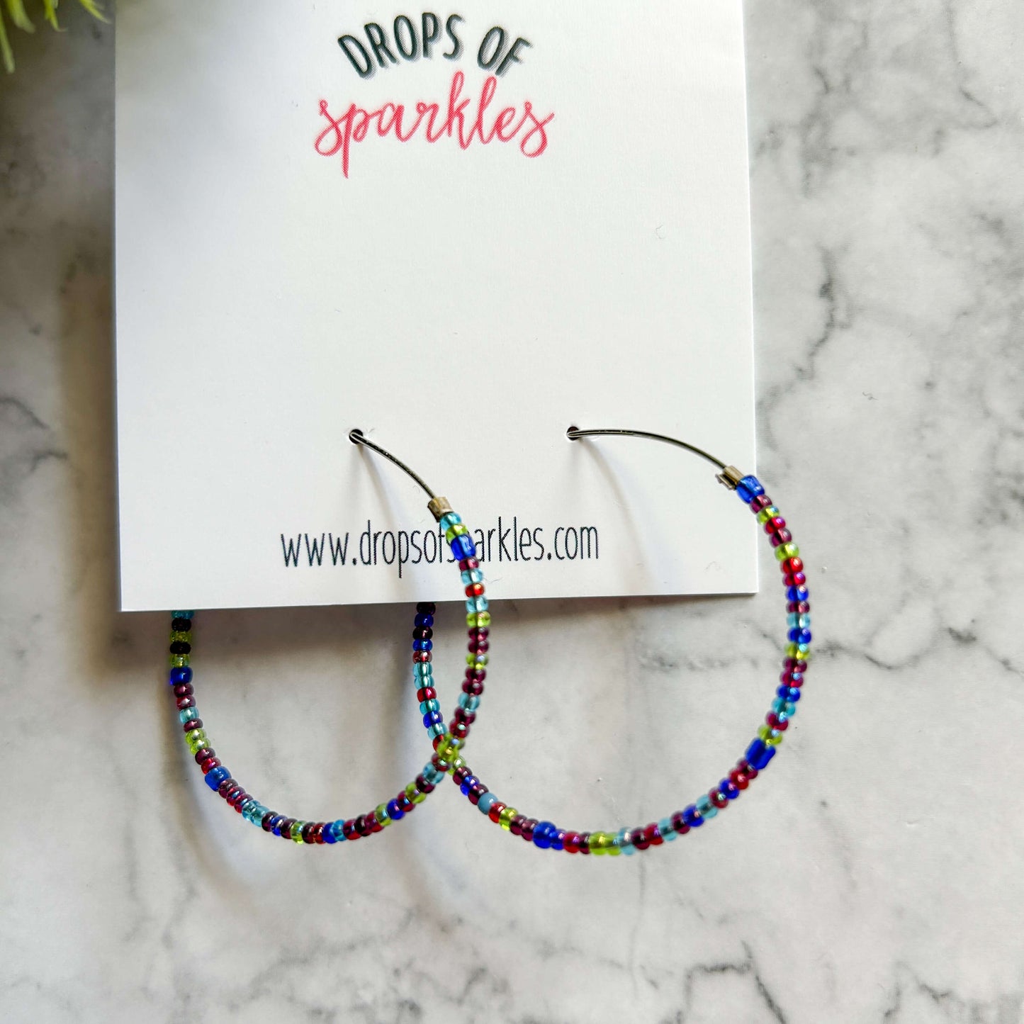 Beaded large size stainless steel silver hoop earrings