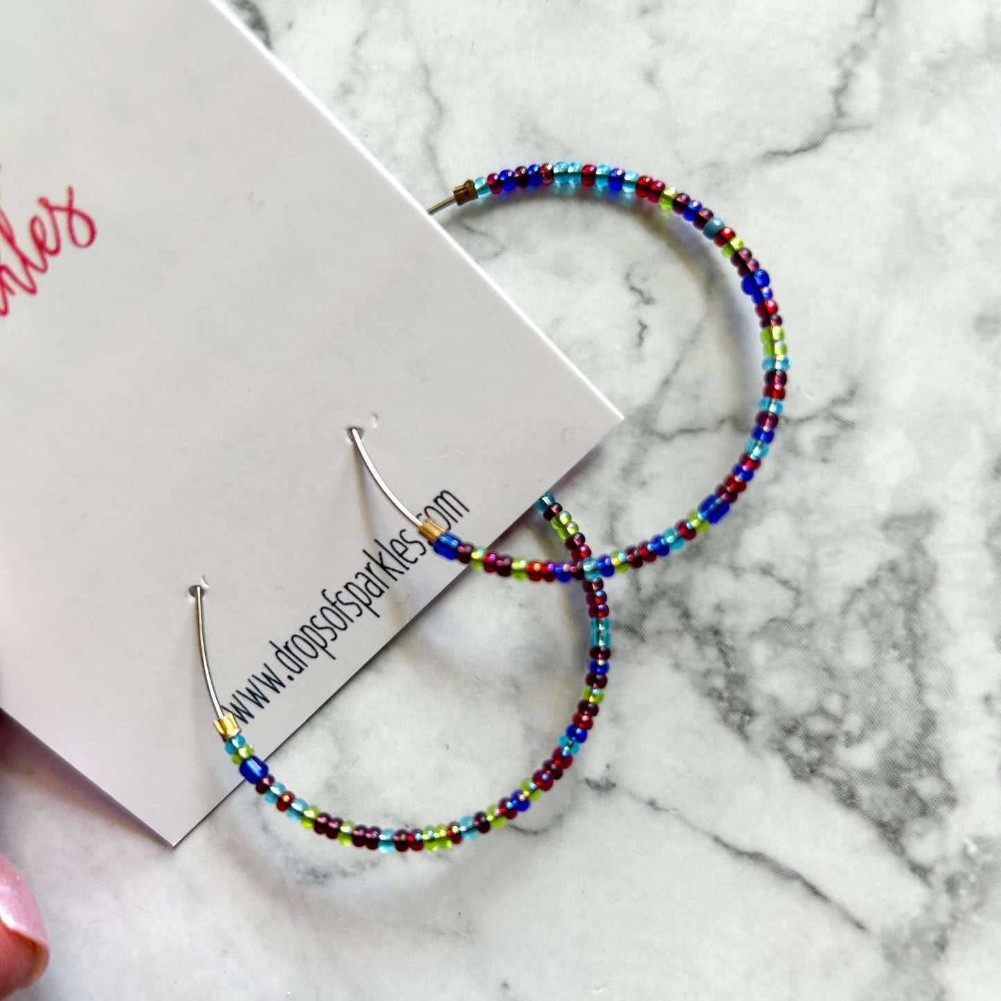 Beaded large size stainless steel silver hoop earrings