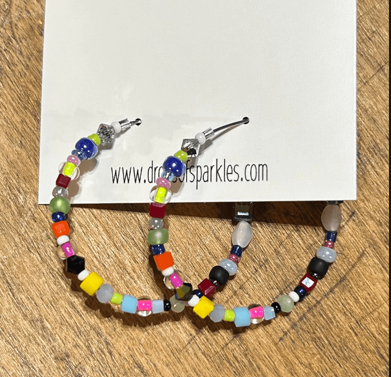 Beaded large size stainless steel silver hoop earrings