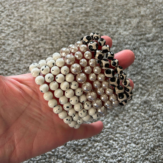semi precious stone bracelets dalmation jade, agate and black and mother of pearl