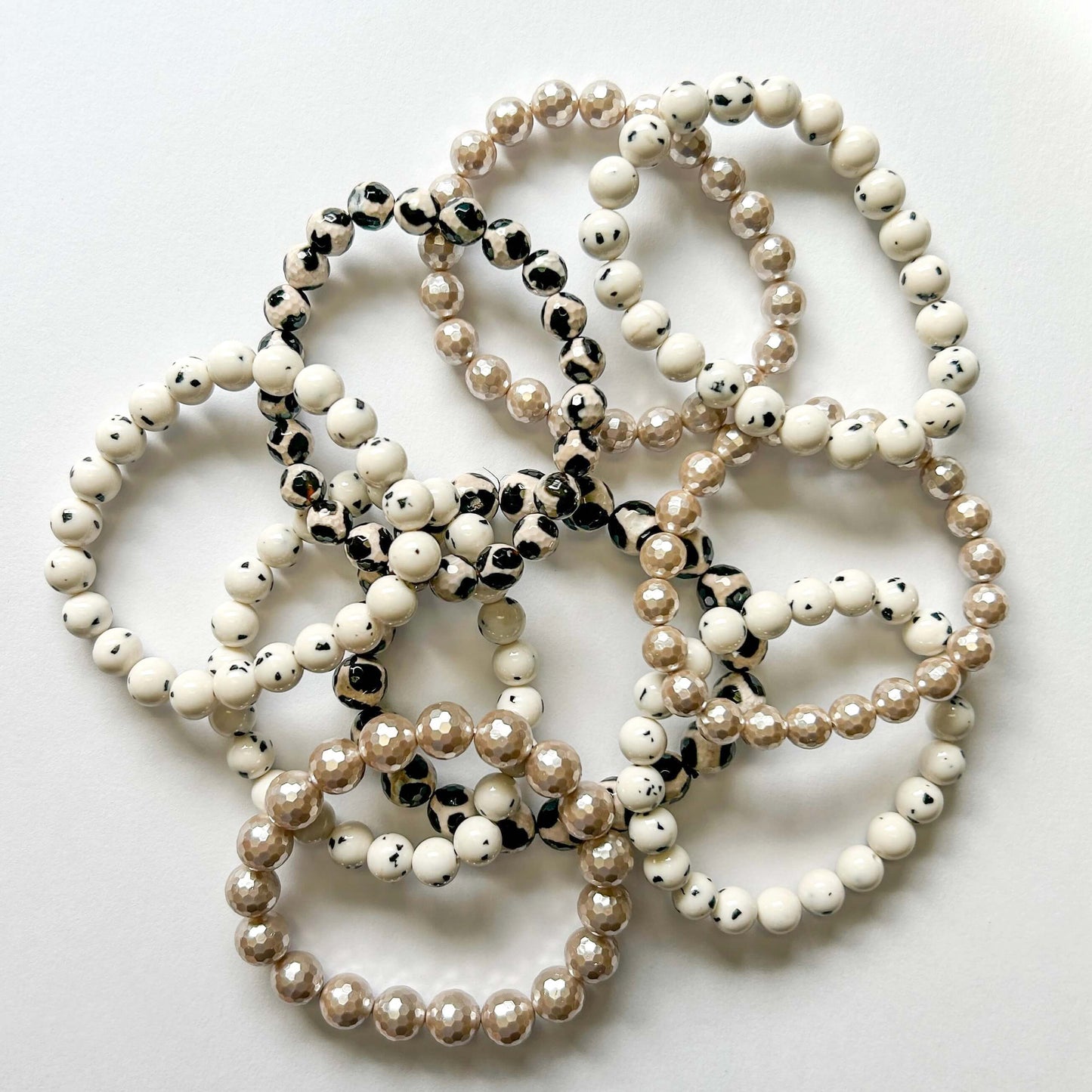 semi precious stone bracelets dalmation jade, agate and black and mother of pearl