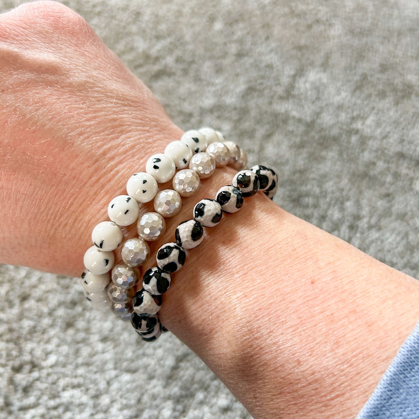 semi precious stone bracelets dalmation jade, agate and black and mother of pearl