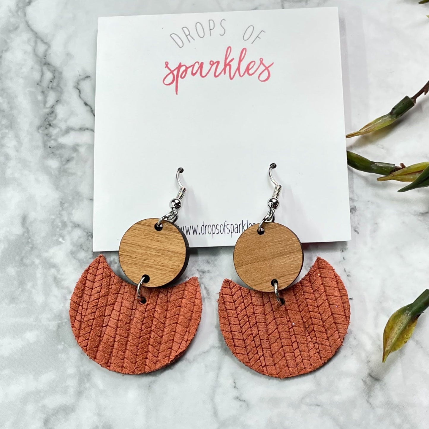 orange braided genuine leather and wood earrings