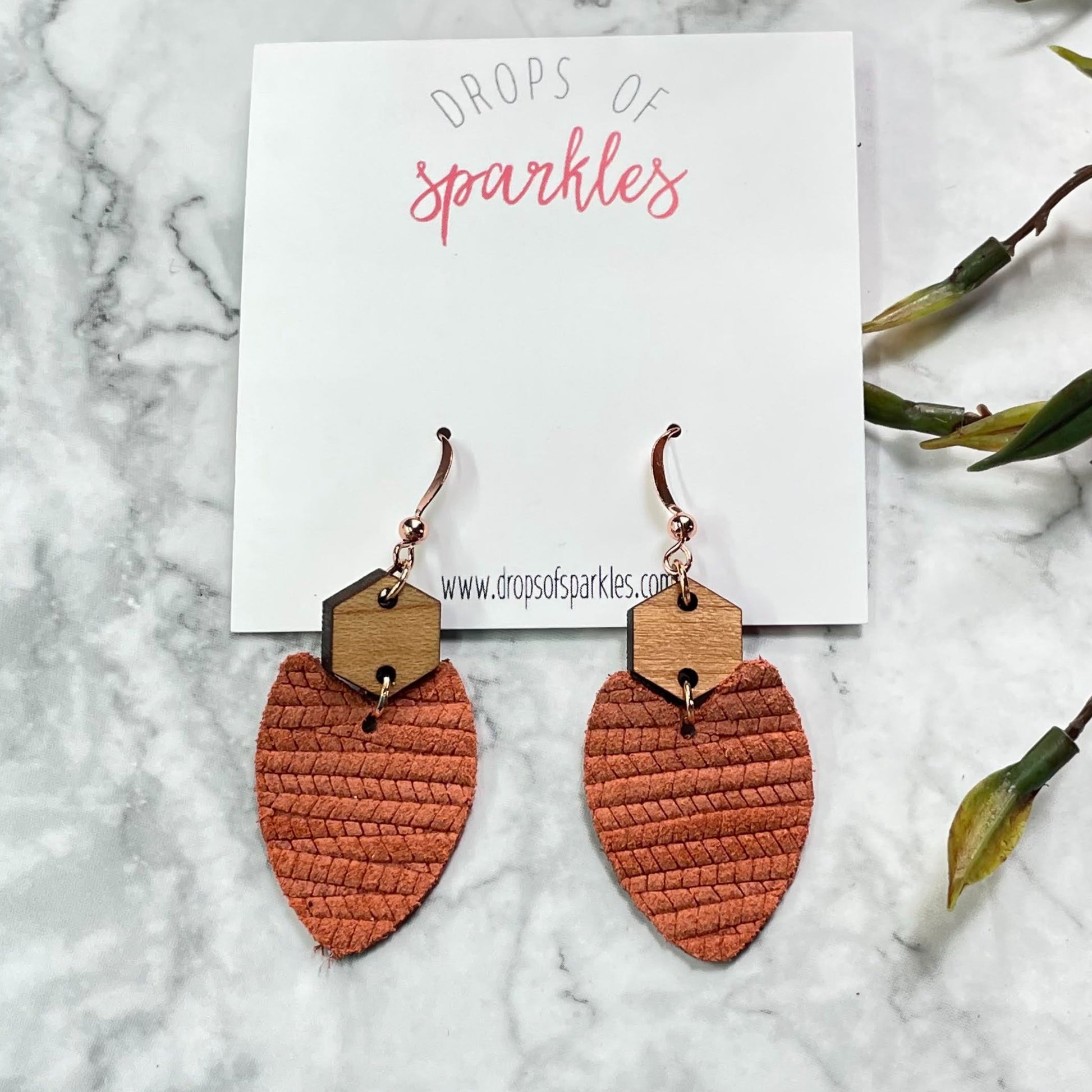 orange braided genuine leather and wood earrings