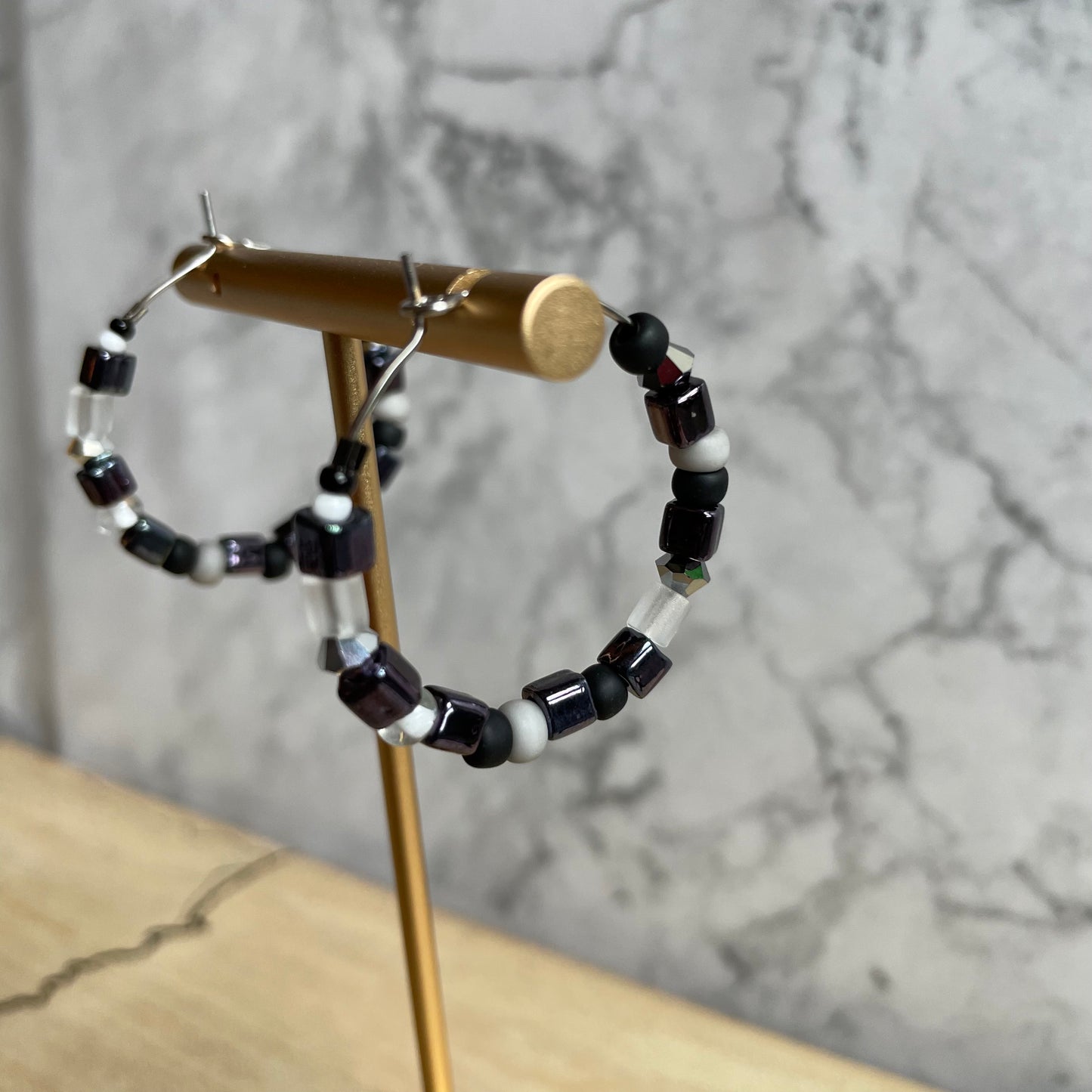 Beaded medium size stainless steel silver hoop earrings