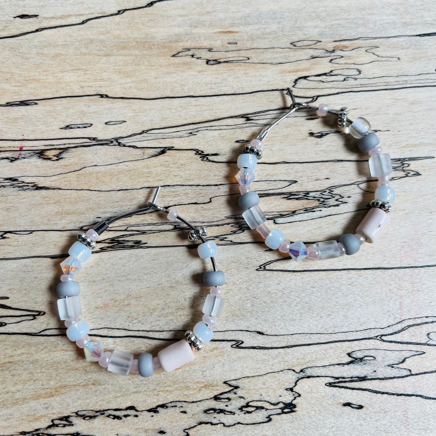 Beaded medium size stainless steel silver hoop earrings