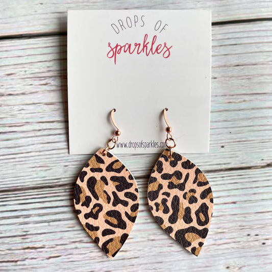 Thick tan and brown faux leather almond shaped dangle earrings