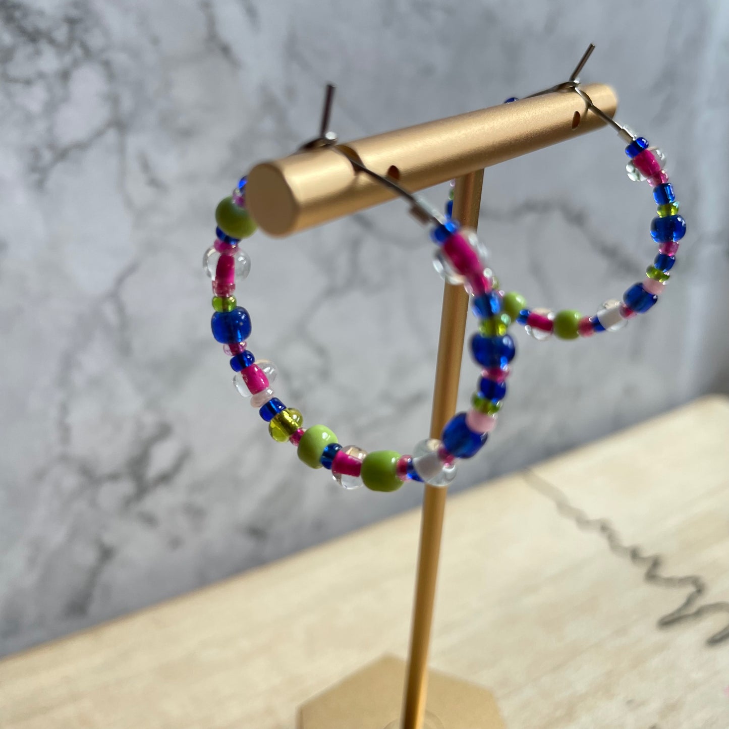 Beaded medium size stainless steel silver hoop earrings