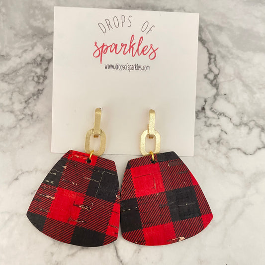 red and black plaid buffalo plaid genuine leather earrings christmas holiday leather earrings with wood and gold