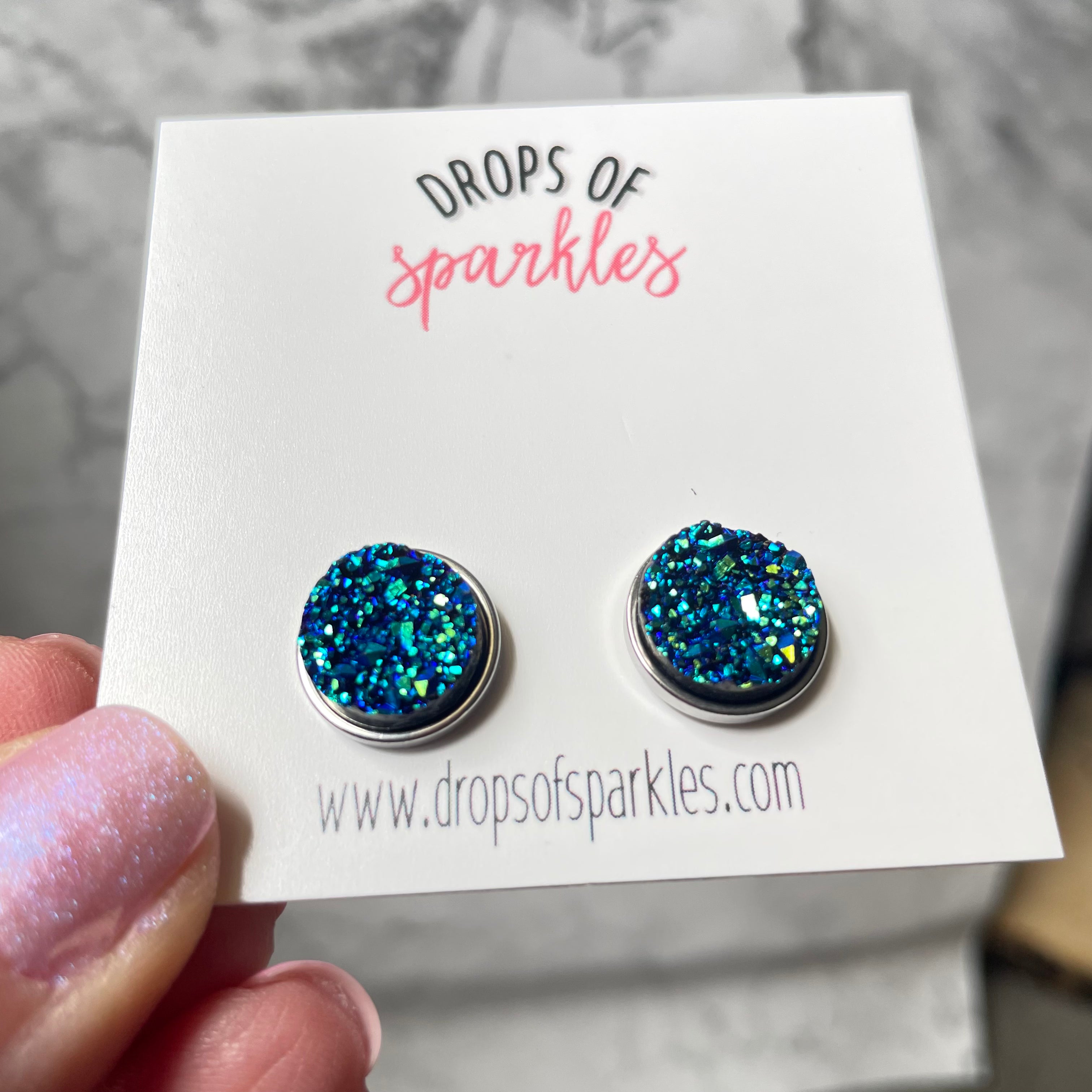 Blue rainbow druzy stone stud earrings – Drops of Sparkles
