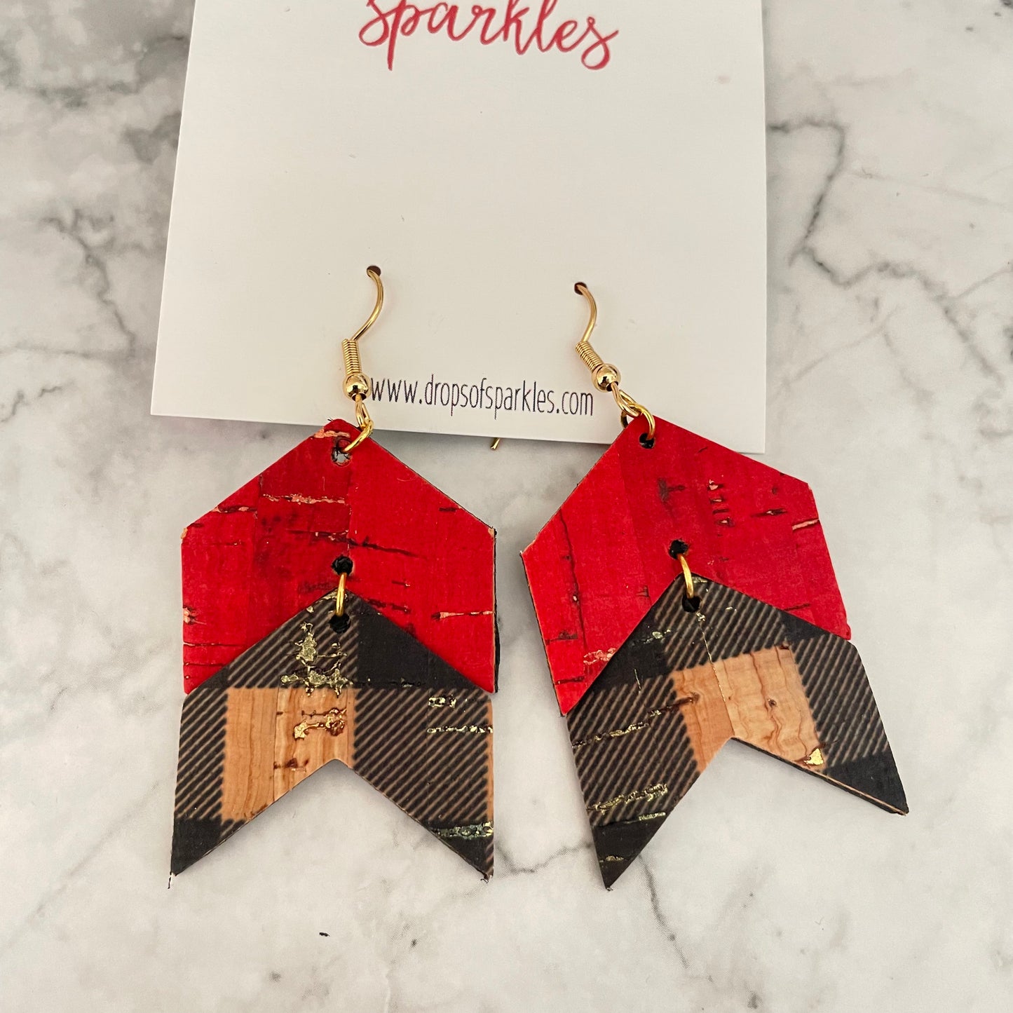 genuine leather and cork arrow red black plaid buffalo plaid dangle holiday christmas earrings