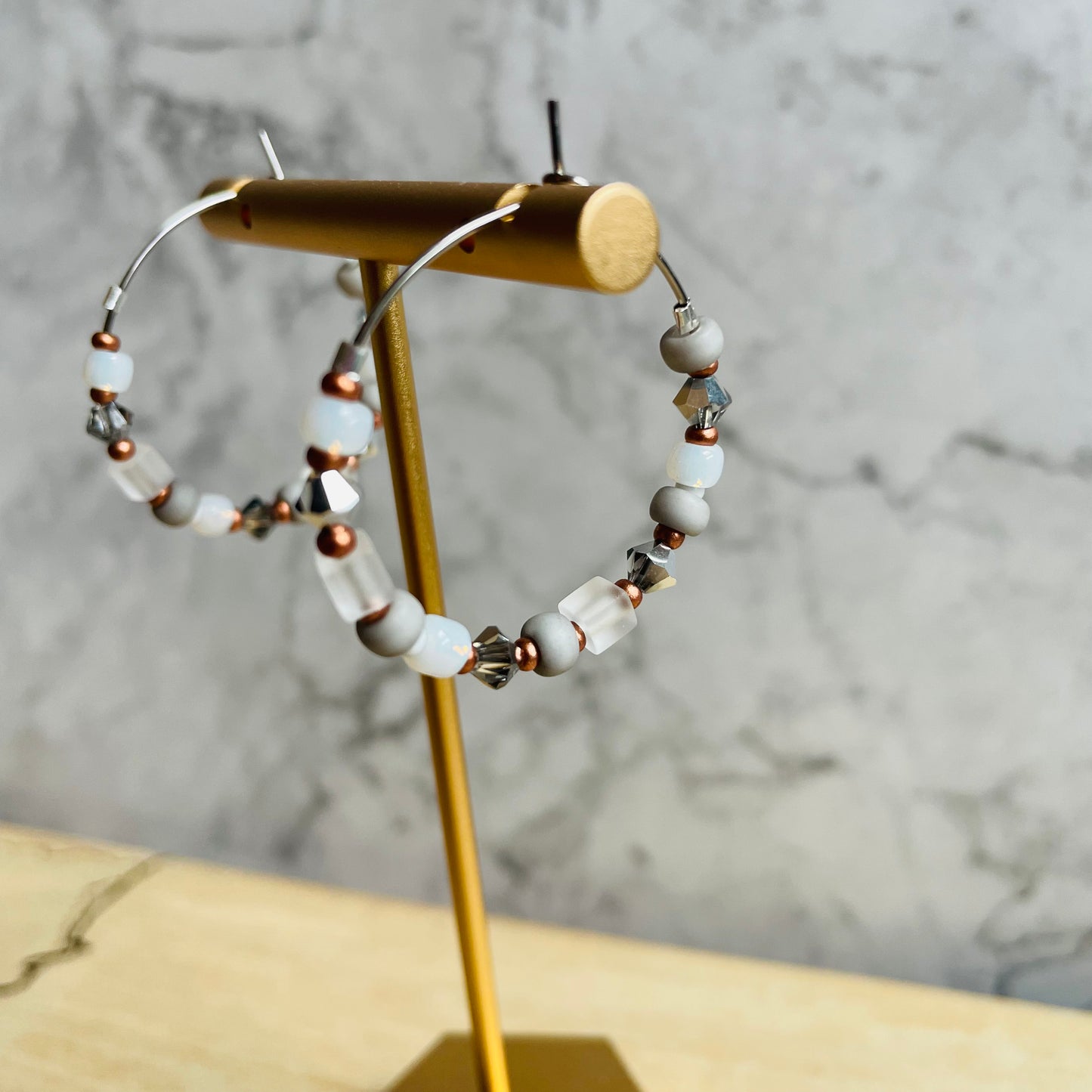 Beaded medium size stainless steel silver hoop earrings