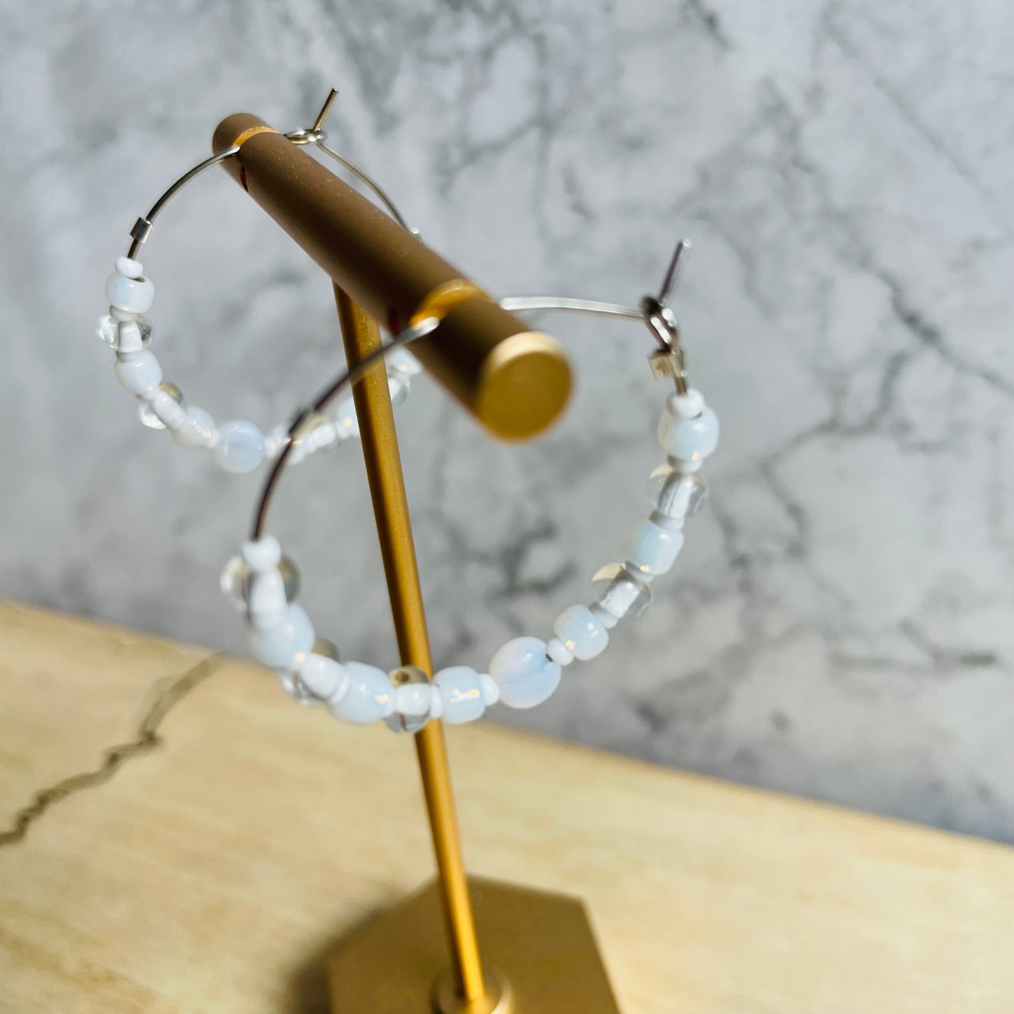 Beaded medium size stainless steel silver hoop earrings