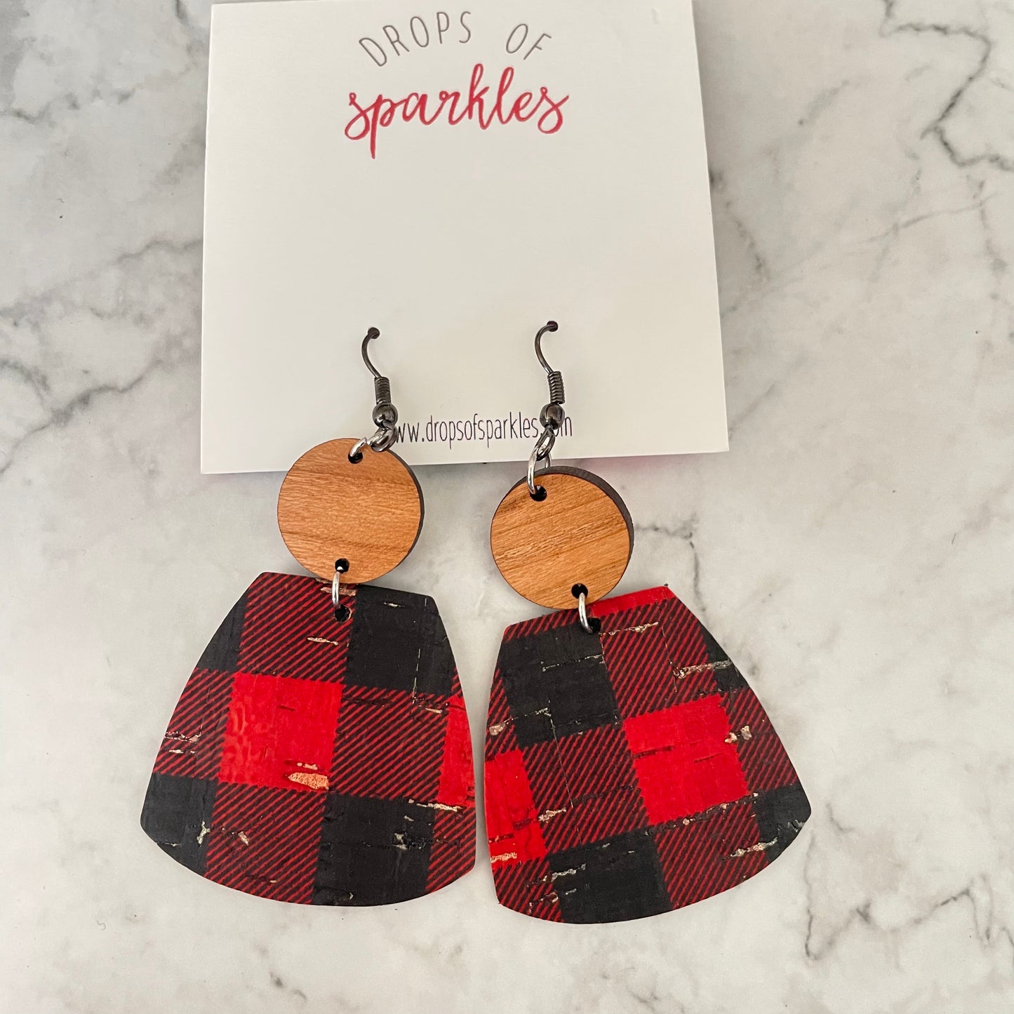 red and black plaid buffalo plaid genuine leather earrings christmas holiday leather earrings with wood and gold