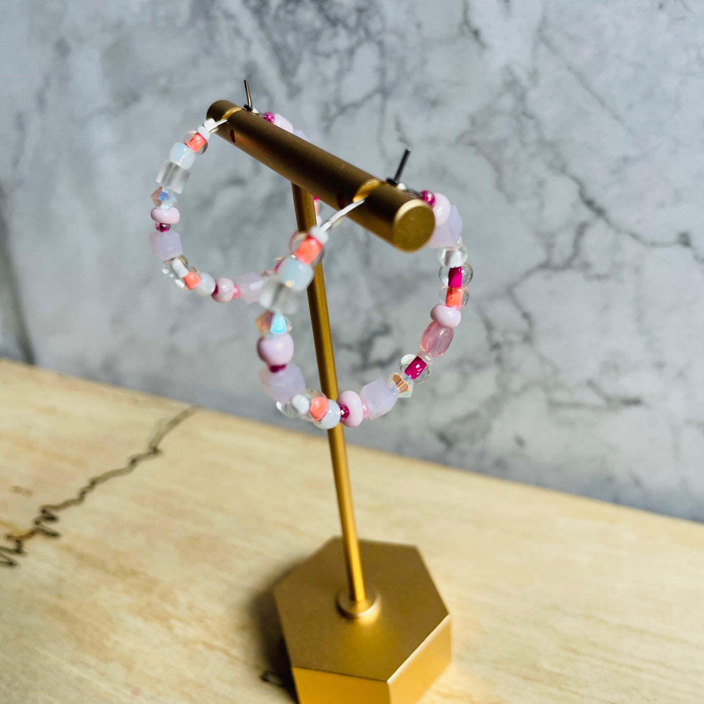 Beaded medium size stainless steel silver hoop earrings