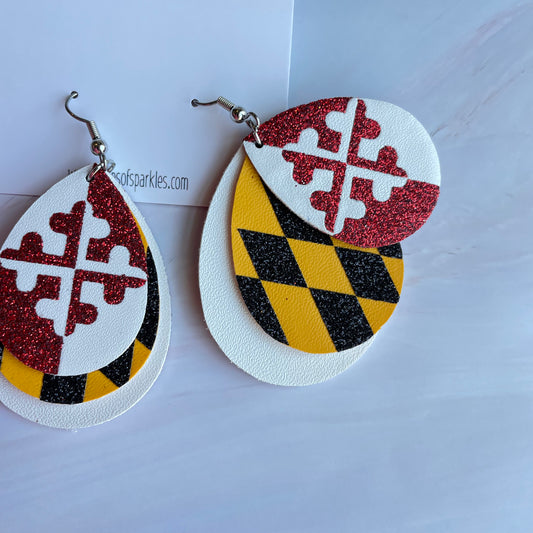 Triple layer, faux leather custom earrings with 3 color vinyl application
