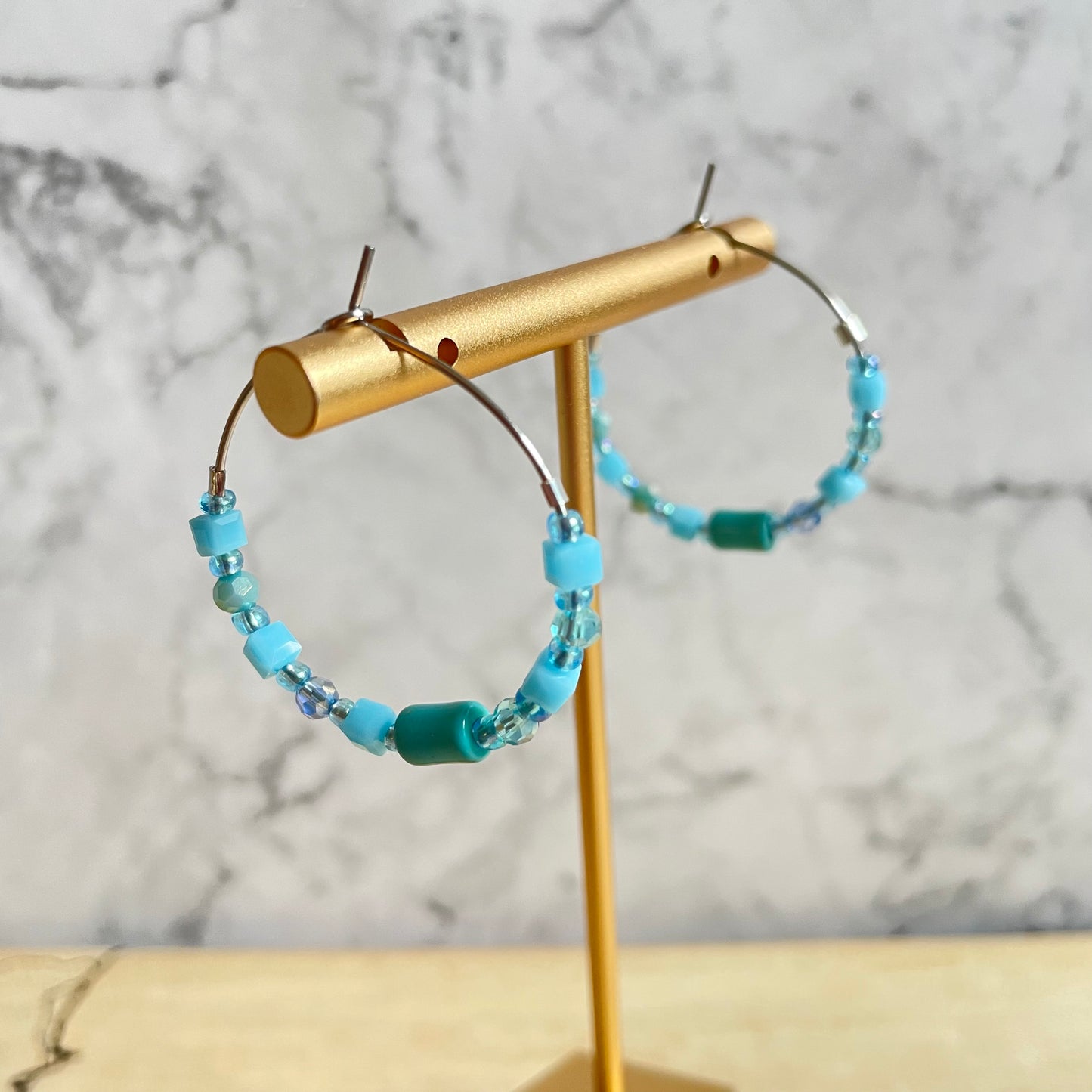 Beaded medium size stainless steel silver hoop earrings