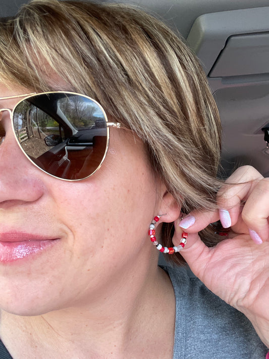 Beaded medium size stainless steel silver hoop earrings