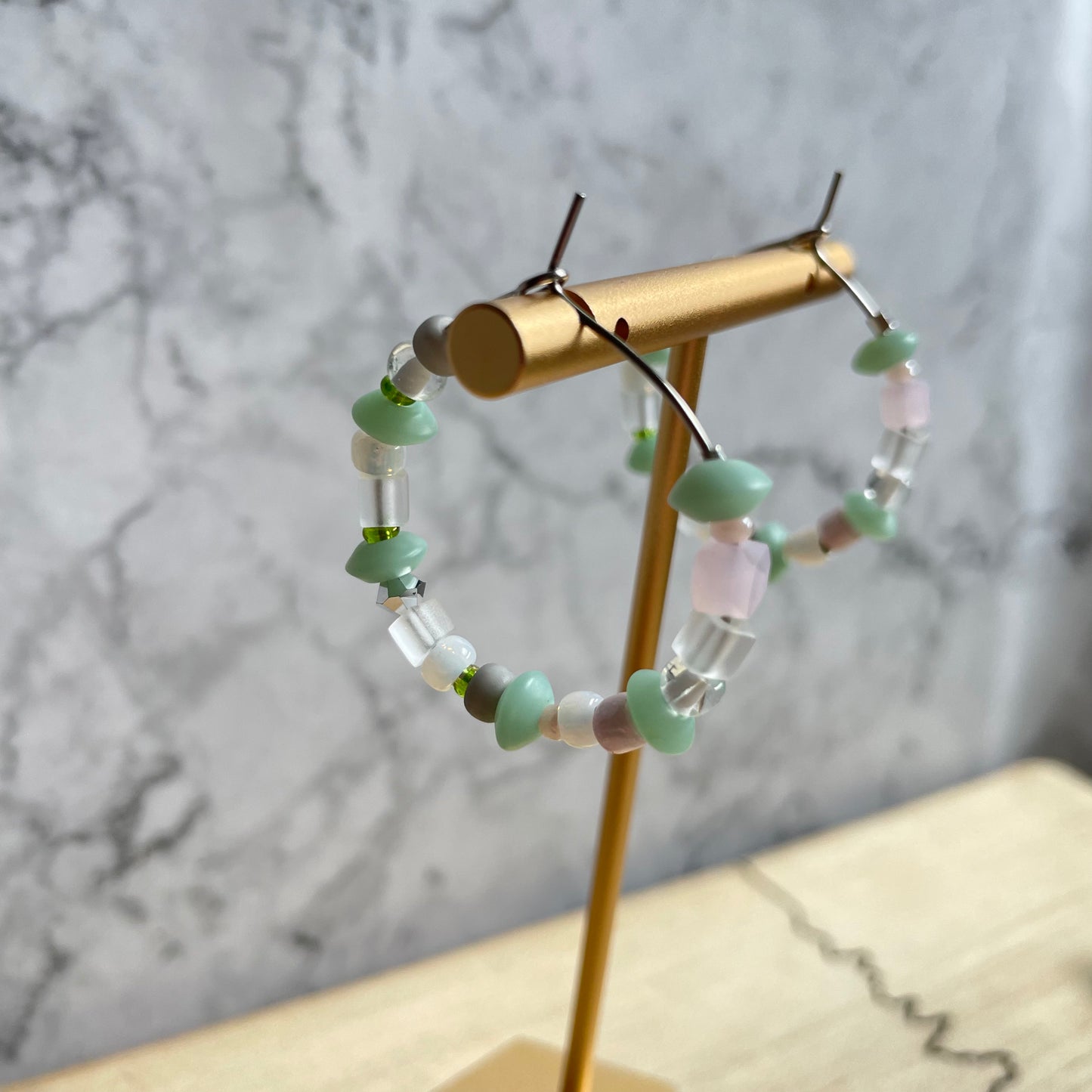 Beaded medium size stainless steel silver hoop earrings