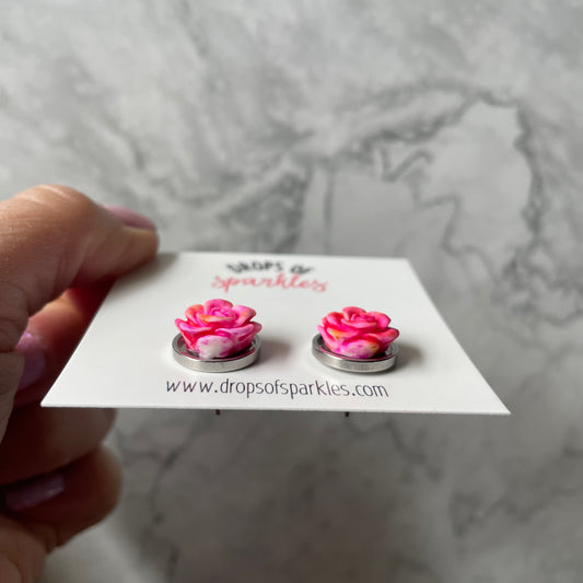 Hot pink 3D rose stud earrings