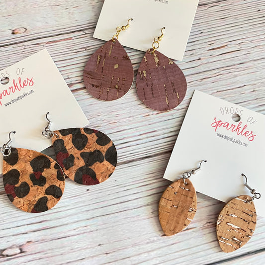 Safari cork teardrop dangle earrings