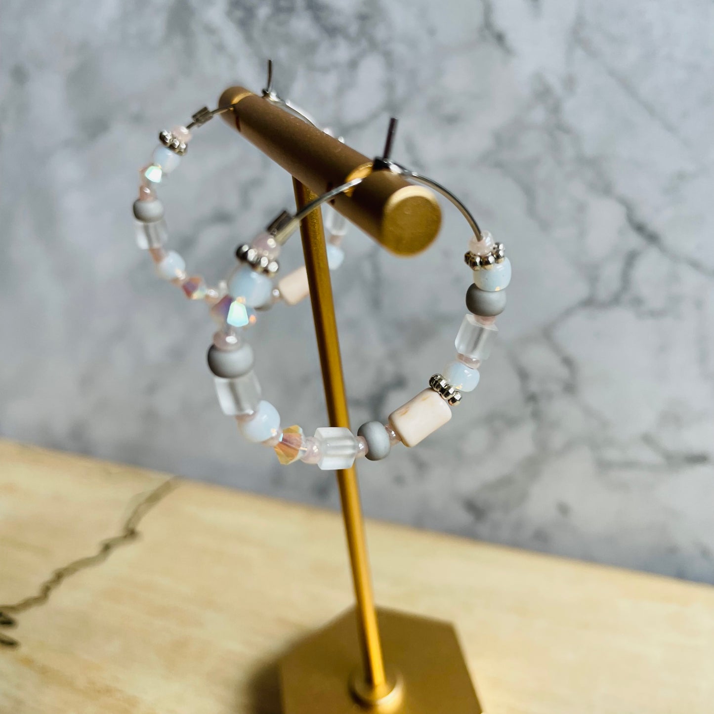 Beaded medium size stainless steel silver hoop earrings