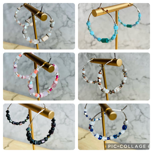 Beaded medium size stainless steel silver hoop earrings