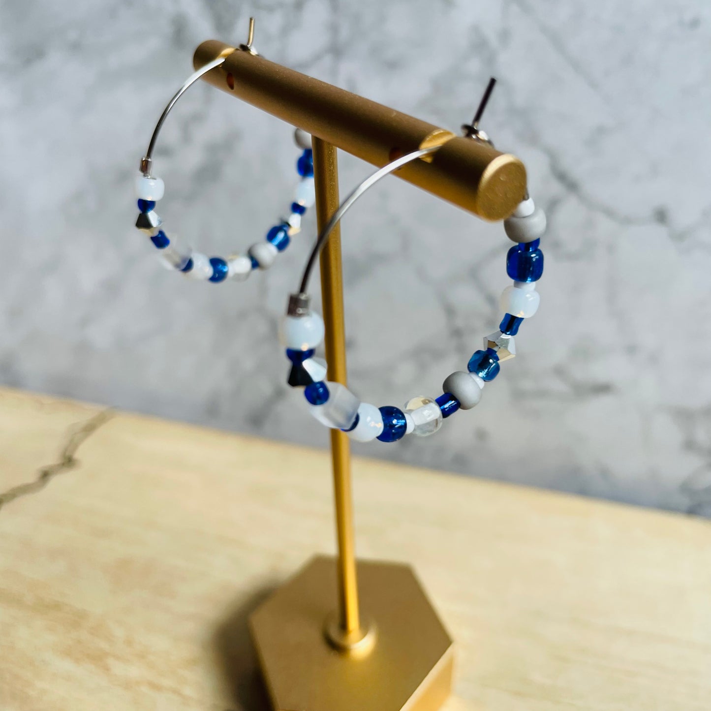 Beaded medium size stainless steel silver hoop earrings