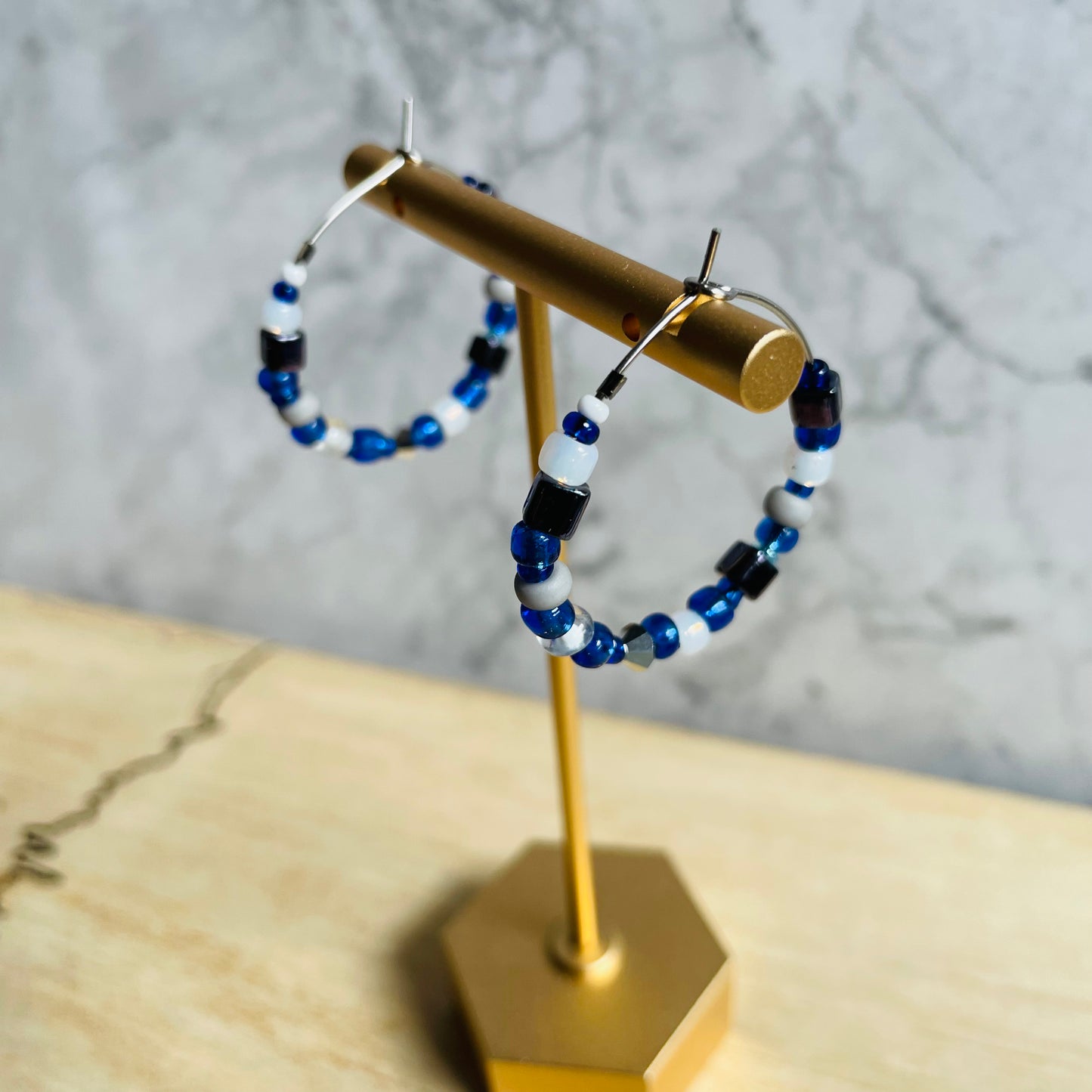 Beaded medium size stainless steel silver hoop earrings