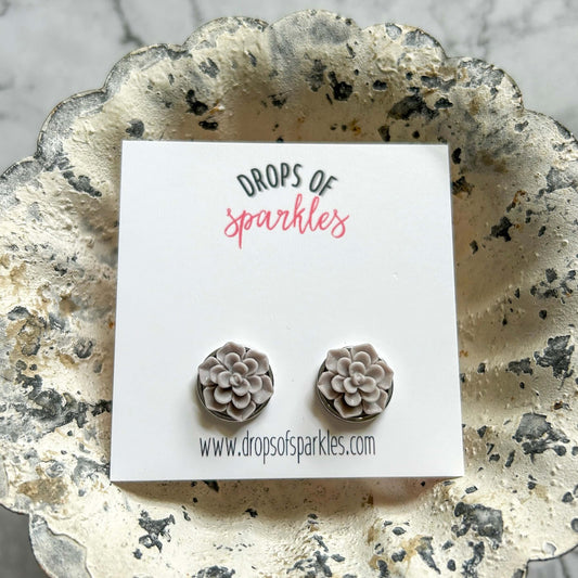 Matte gray succulent 3D flower stud earrings