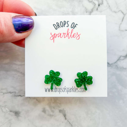 green sparkle shamrock stud earrings