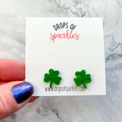 green sparkle shamrock stud earrings