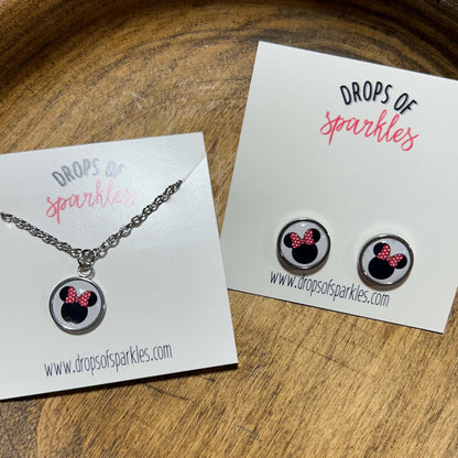 Mickey & Minnie pendant necklace and stud earrings