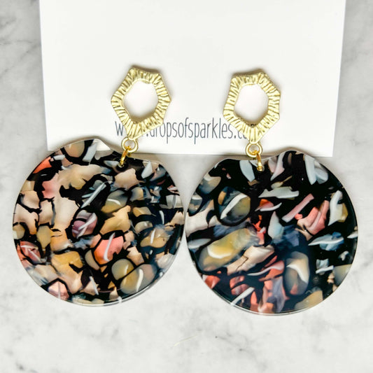 Black swirled acrylic circles with gold post earrings