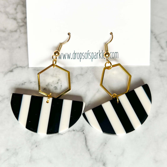 Black and white striped acrylic crescents with gold post earrings