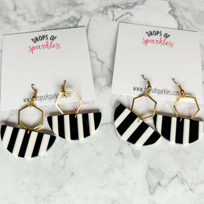 Black and white striped acrylic crescents with gold post earrings