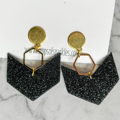 Black cork leather arrow and gold post dangle earrings