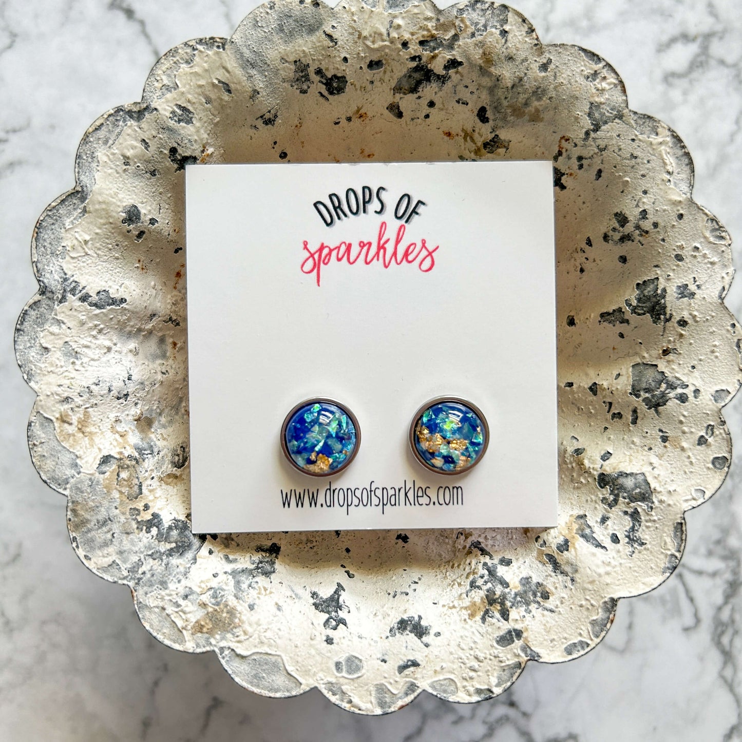 dark blue, gold, opal resin stud earrings