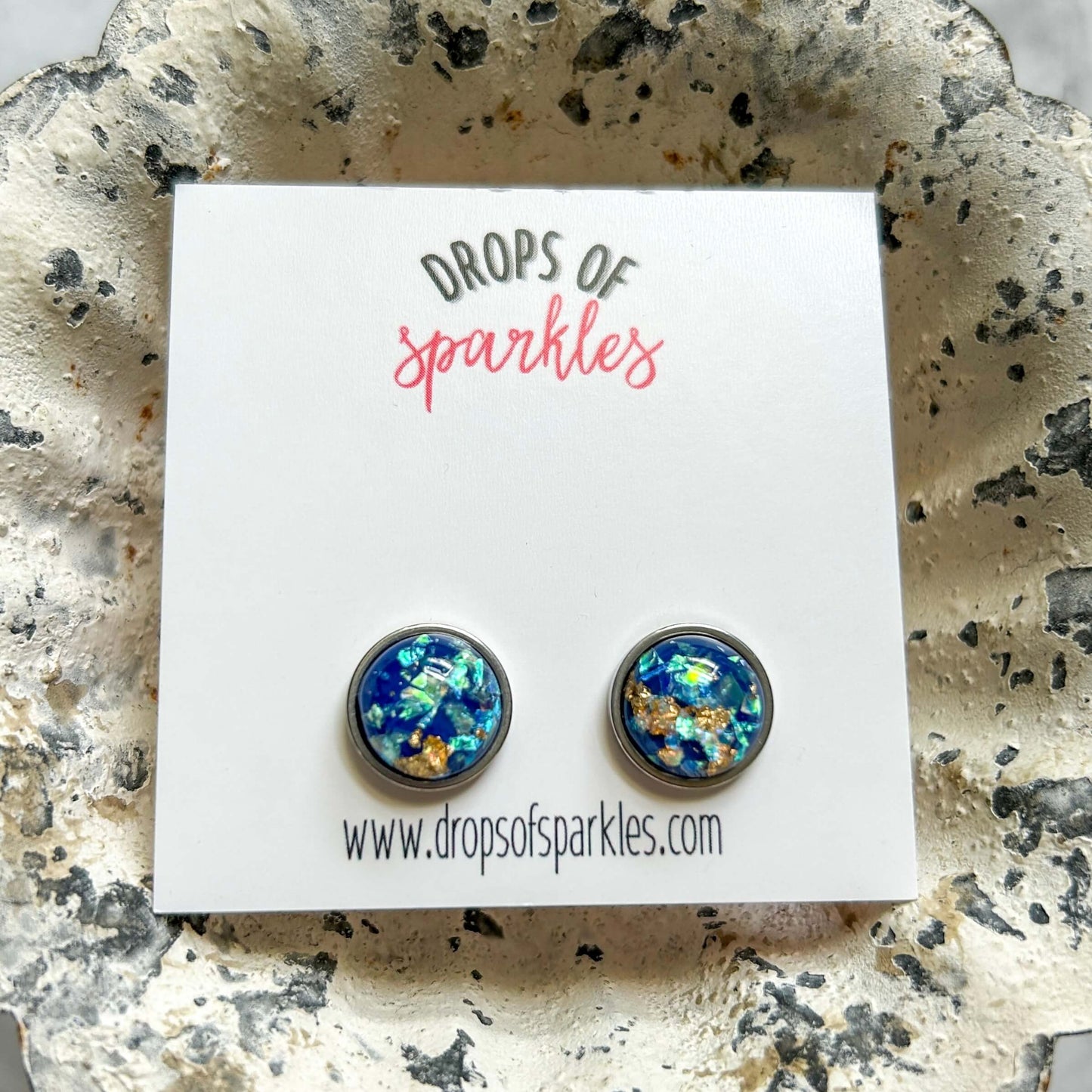 dark blue, gold, opal resin stud earrings