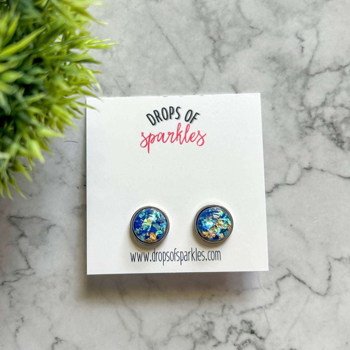 dark blue, gold, opal resin stud earrings