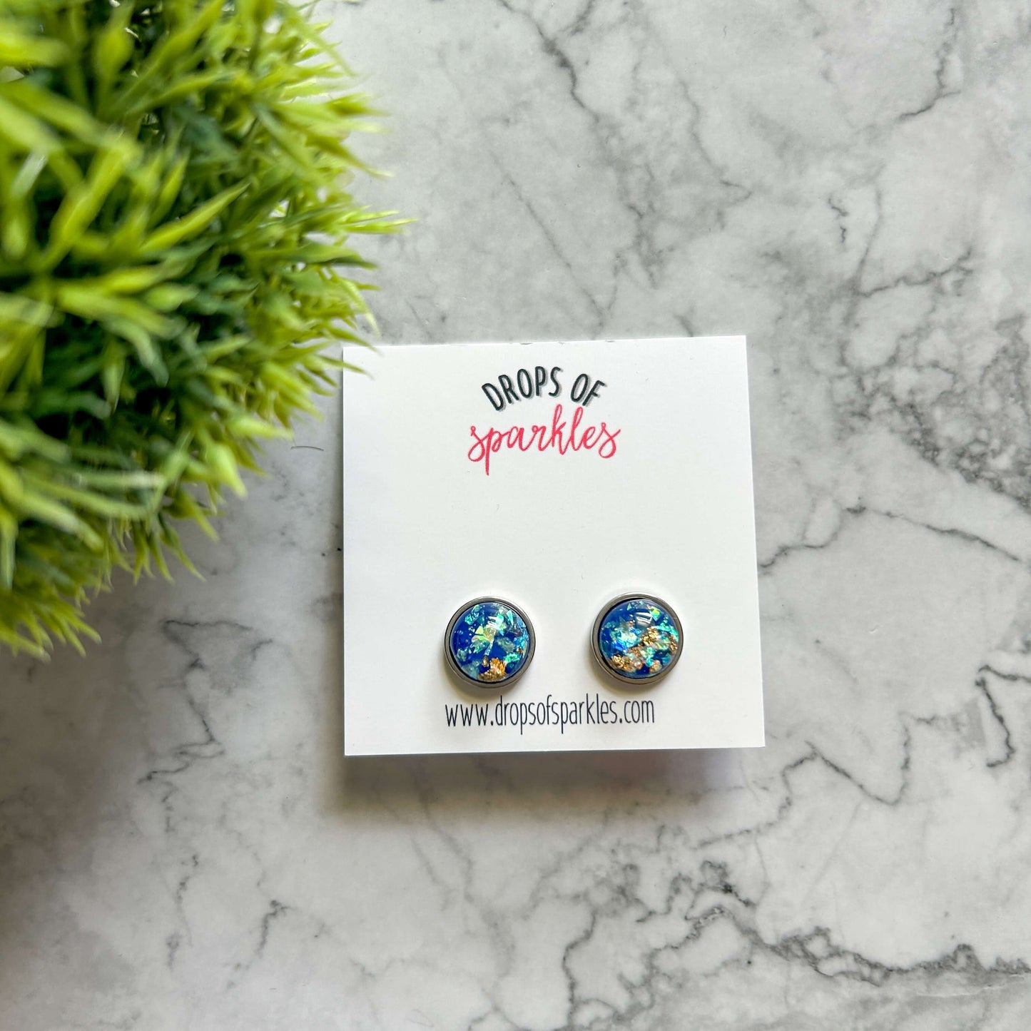 dark blue, gold, opal resin stud earrings